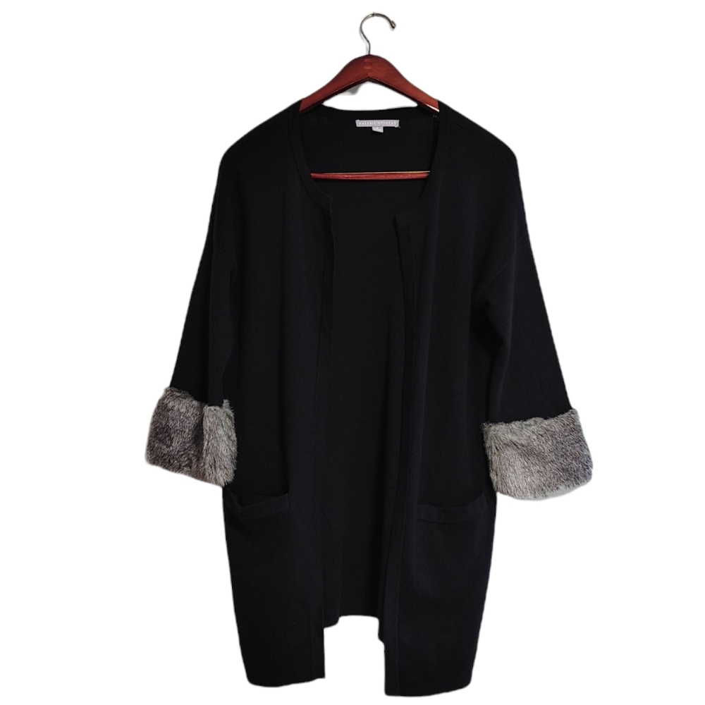 Valerie Stevens Open Front Lightweight Long Cardigan Faux Fur Cuffs Size Medium